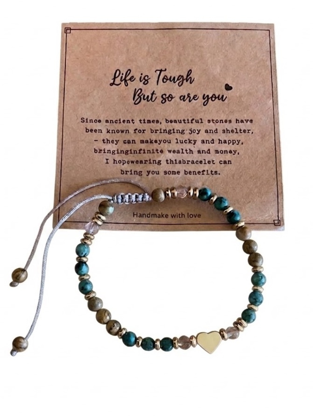 Handmade Turquoise & Olive Bead Bracelet with Gold Heart